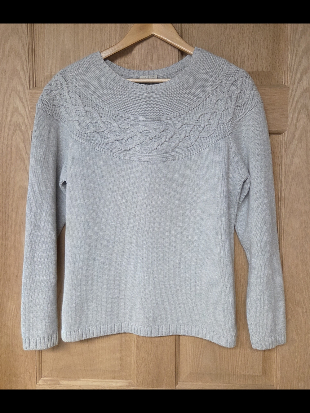Talbots Light Gray Cable-Yoke Crewneck Sweater